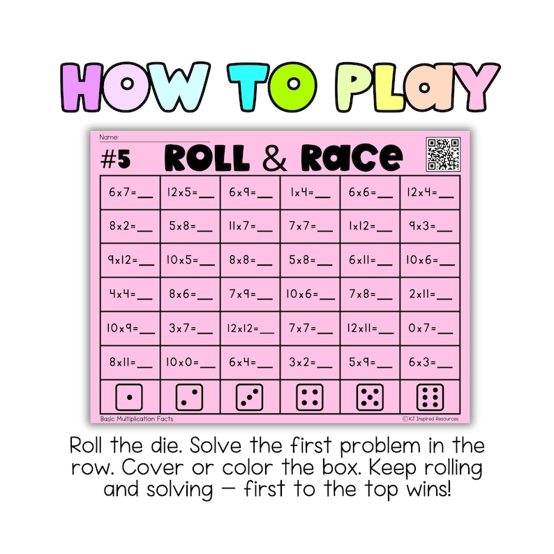 May include: A pink multiplication game board titled "Roll & Race" with multiplication problems. The board includes dice illustrations and instructions: "Roll the die. Solve the first problem in the row. Cover or color the box. Keep rolling and solving - first to the top wins!"