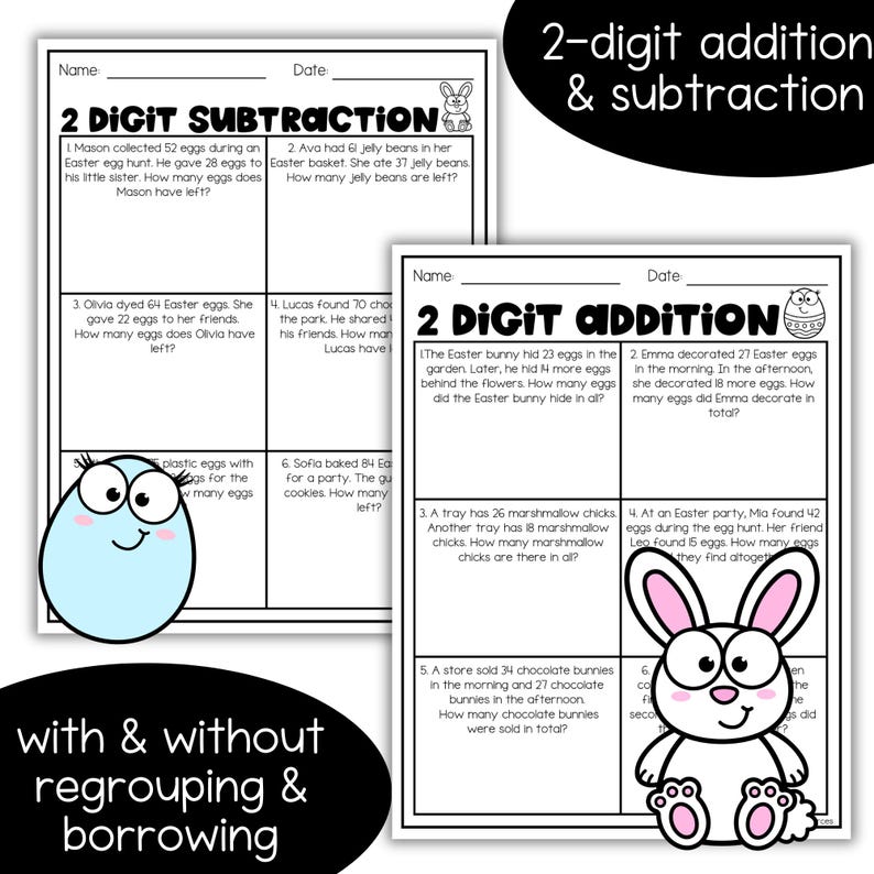 Easter Math Word Problems Worksheets | 2 Digit Addition and Subtraction ...