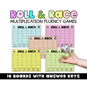 May include: A set of Roll & Race multiplication fluency game boards in light blue, pink, yellow, and peach colors. Each rectangular sheet features a grid of multiplication problems, a QR code, and dice illustrations. A white six-sided die is included.