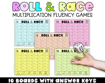 May include: A set of Roll & Race multiplication fluency game boards in light blue, pink, yellow, and peach colors. Each rectangular sheet features a grid of multiplication problems, a QR code, and dice illustrations. A white six-sided die is included.