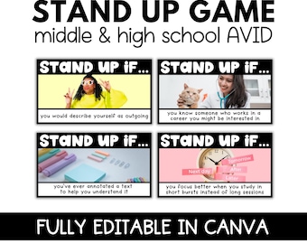 Gra stand-up AVID | Przełamanie lodów w szkole średniej i gimnazjum | Interaktywna aktywność w klasie | Szablon Google Slides i Canva