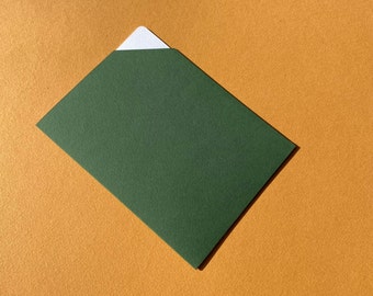 May include: A dark green card holder with a white card partially visible. The card holder is rectangular and has a textured surface. The background is a solid orange colour.