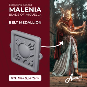 以下が含まれることがあります： エルデンリングのキャラクター、マレニア、ミケラの刃からインスピレーションを得た、グレーの3Dプリントベルトメダル。メダルは、星形の模様が施された円形のデザインです。STLファイルとパターンが含まれています。