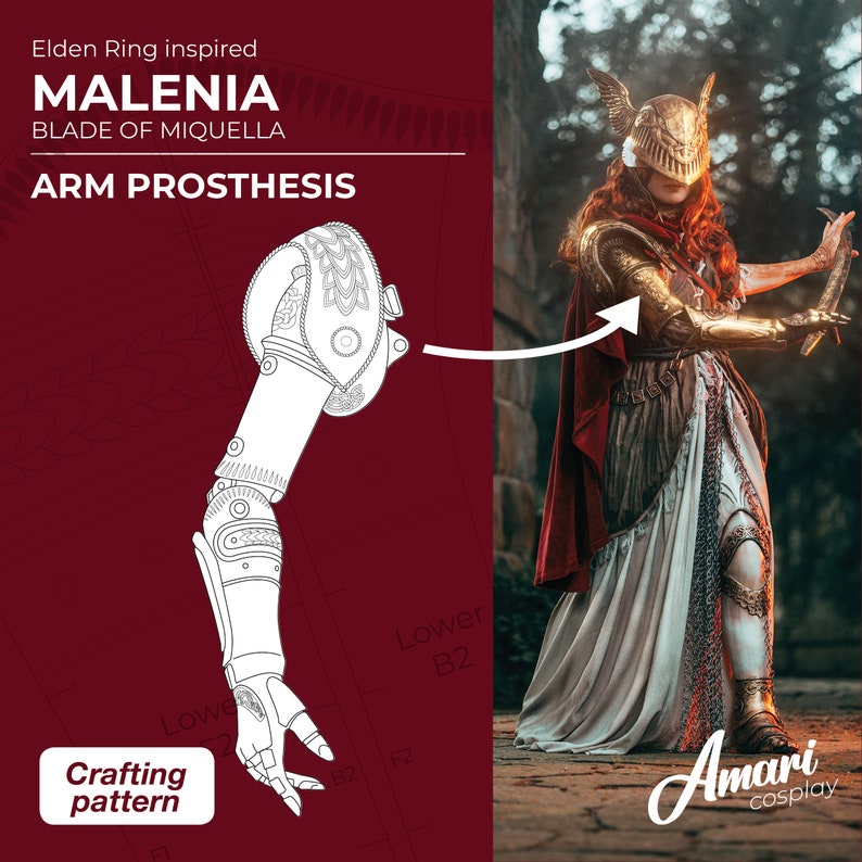 May include: A line drawing of a detailed prosthetic arm inspired by the character Malenia, Blade of Miquella from the video game Elden Ring. The drawing is overlaid on a red background with the text "Elden Ring inspired MALENIA BLADE OF MIQUELLA ARM PROSTHESIS" and "Crafting pattern".