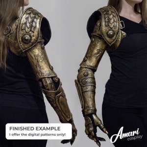 May include: A pair of gold-colored, detailed, articulated arm gauntlets. The gauntlets are worn by two people, and the image is a finished example of the digital patterns offered for sale.