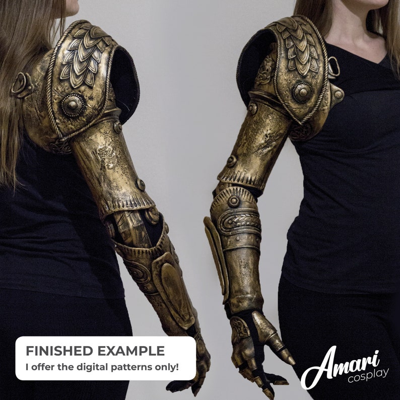 May include: A pair of gold-colored, detailed, articulated arm gauntlets. The gauntlets are worn by two people, and the image is a finished example of the digital patterns offered for sale.