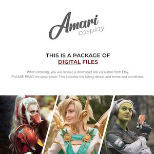 May include: A digital download package for cosplay costumes. The image shows three cosplayers dressed as characters from popular video games and movies. The text on the image reads "This is a package of digital files. When ordering, you will receive a download link via e-mail from Etsy. Please read the description! This includes the listing details and terms and conditions."