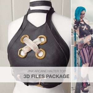 Może przedstawiać: Czarny top halterowy z złotymi oczkami i białymi paskami. Top jest stylizowany na postać Jinx z serialu animowanego Arcane. Tekst "Jinx Arcane Halter Top 3D Files Package" jest widoczny na dole obrazu.