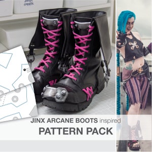 May include: A pair of black leather boots with pink laces and metal accents. The boots are inspired by the character Jinx from the show Arcane. The image also includes a pattern for making the boots.