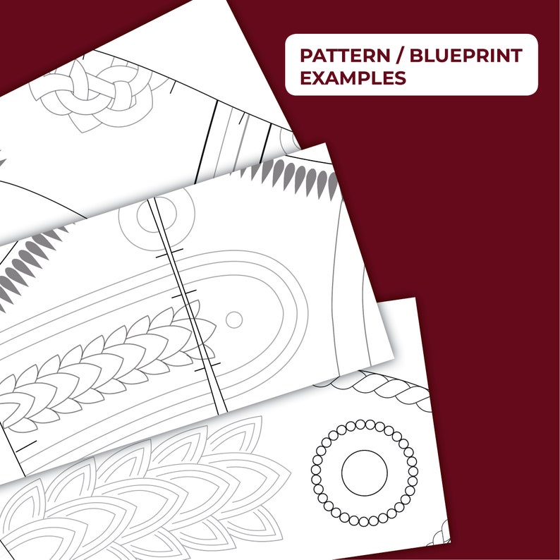 May include: Three black and white blueprint patterns for crafting projects. The patterns include a braided design, a leaf pattern, and a circular design with a smaller circle in the center.