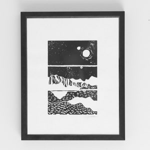 Mondschein berge | Original Linoldruck Fine Art Print