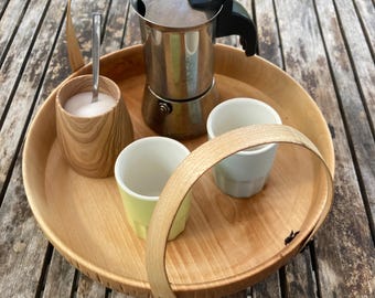 Wooden tray with handles made of bent birch wood