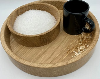 Two wooden plates, serving plate, tableware, serving plate, serving tray, wooden plate and utility plate round tray made of oak wood