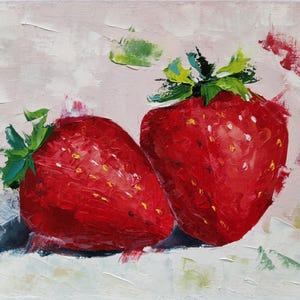 Strawberry Oil Painting Original Hand-Painted Still Life Kitchen Wall Art Red Berry Canvas Sweet Small Fruit Wall Art for Dining Room