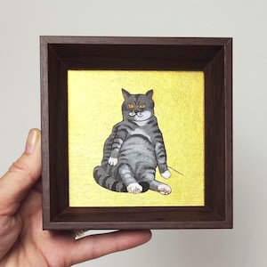 Tuxedo Cat Painting: Original Cat Art, Miniature Acrylic Artwork, Gold, Framed, 4&quot;x4&quot;