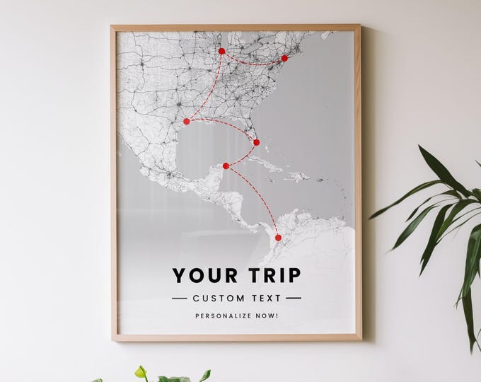Carte de voyage personnalisée | Impression personnalisée de carte d'itinéraire de voyage | Carte du monde des voyages avec itinéraires | Poster personnalisé avec impression de carte | Art mural voyage