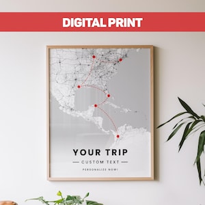 Impresión digital de mapa de viaje personalizado / Impresión de mapa de ruta de viaje personalizado / Mapa de viaje con rutas / Impresión de mapa personalizado / Arte mural de viaje digital