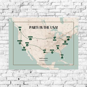 May include: A map of the USA featuring the text PARTY IN THE USA! DINA & MILES SUMMER 2025. The map displays a travel route connecting various cities with dark green icons and labels including Seattle, San Francisco, and New York.