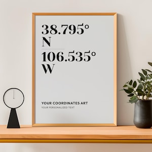 May include: A framed print with a light gray background features black text indicating coordinates: 38.795° N, 106.535° W. Below the coordinates, the text reads "YOUR COORDINATES ART" and "YOUR PERSONALIZED TEXT". The frame is a light brown color.