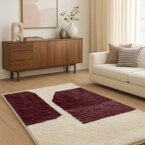 Custom Cream & Burgundy Beni Ourain Rug: Handwoven Moroccan Berber Wool