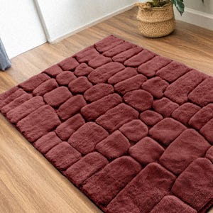 Custom burgundy Beni Ourain rug – handmade Moroccan Berber wool shag rug, deep red stone block textured carpet for living room