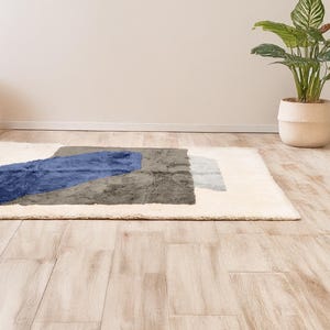 Colorful Moroccan Beni Ourain Rug – Blue, Charcoal Gray & Beige Custom Wool Rug – Modern Abstract High Pile Carpet, custom size rugs