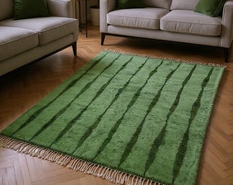 Personalized Olive Green Moroccan Rug – Custom Beni Ourain Wool Carpet with Handwoven Vertical Stripes
