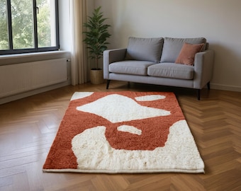 Handmade Terracotta Beni Ourain Rug: Abstract Plush Moroccan Wool