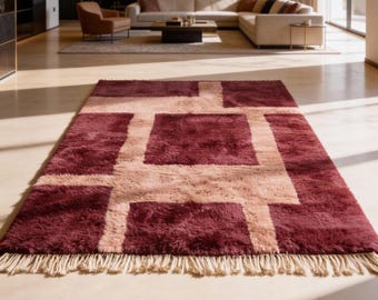 Custom Burgundy & Blush Beni Ourain Rug – Handmade Moroccan Berber Wool Shag Carpet Geometric Grid
