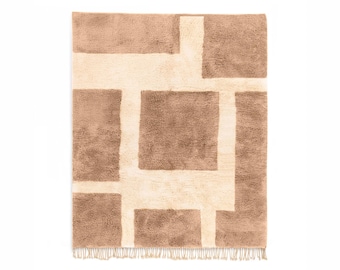Custom Camel Brown & Beige Beni Ourain Rug – Handmade Moroccan Berber Wool Shag Carpet