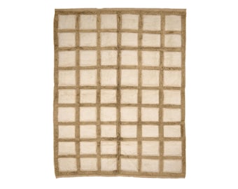 Aangepast beige raster Beni Ourain-tapijt, neutraal Marokkaans berbertapijt, handgemaakt ivoorkleurig zandwollen tapijt, minimalistisch luxe vloerkleed voor woonkamer