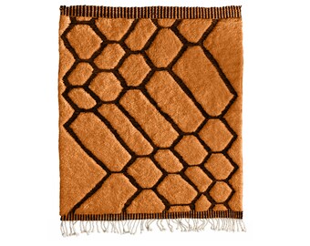 Handmade Terracotta Beni Ourain Rug, Moroccan Wool Shag Carpet, Honeycomb Design