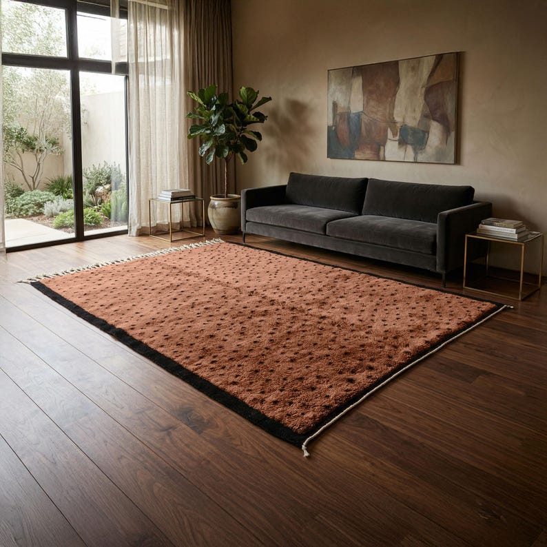Custom Camel Moroccan Rug, Dotted Berber Wool Carpet, Black Border ...