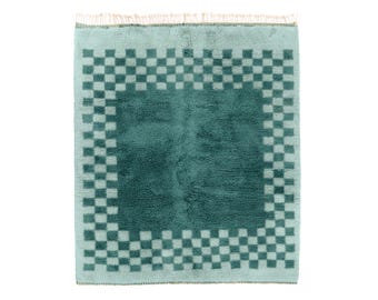 Handmade Teal & Aqua Beni Ourain Rug: Moroccan Berber Wool, Checkered Shag