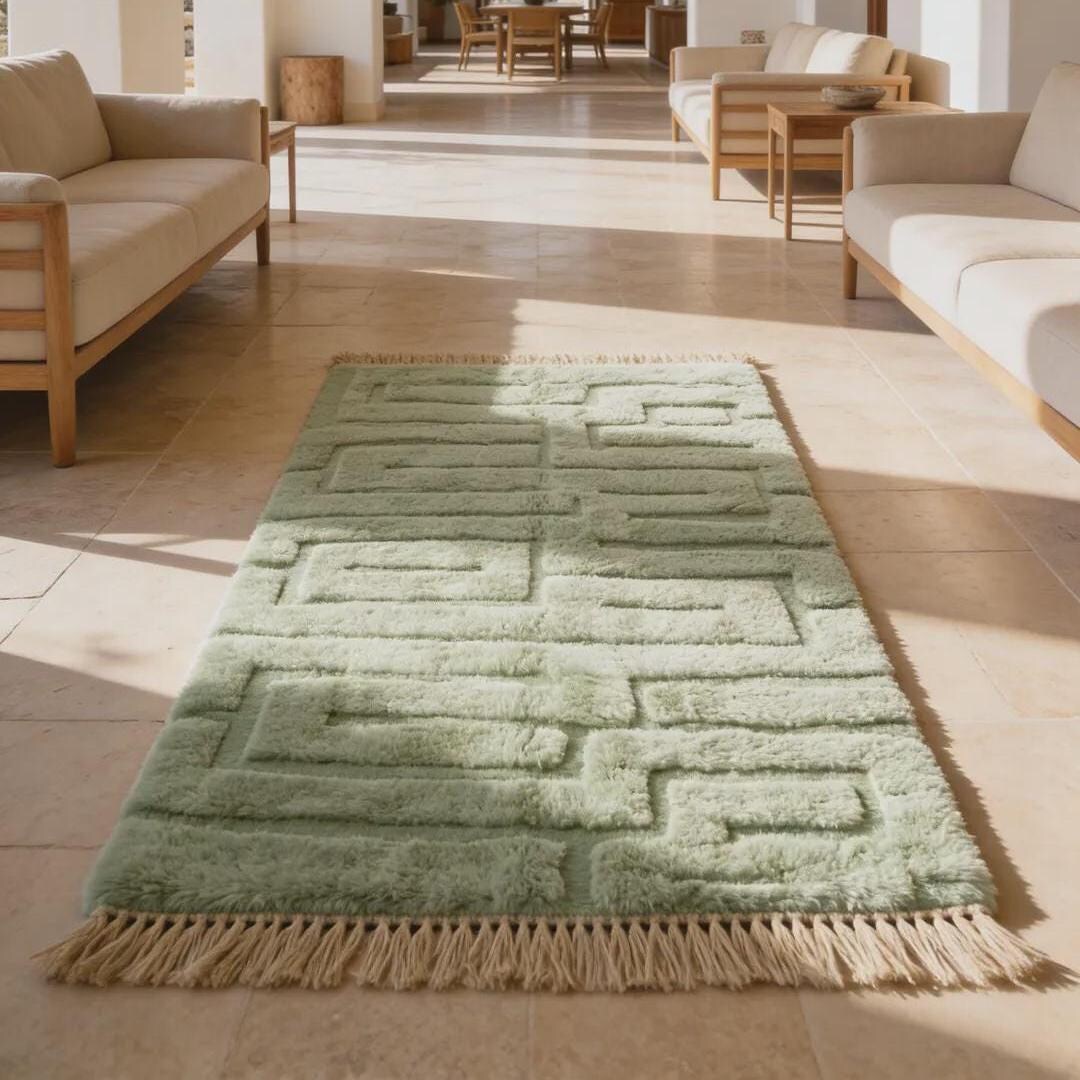 Custom Mint Turquoise Green Moroccan Wool Plush Berber Carpet