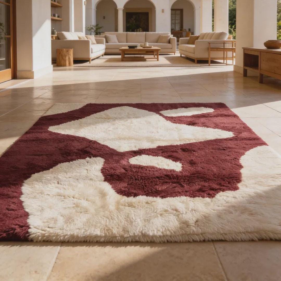 Custom Ivory and Burgundy Beni Ourain Rug – Abstract Moroccan Berber ...