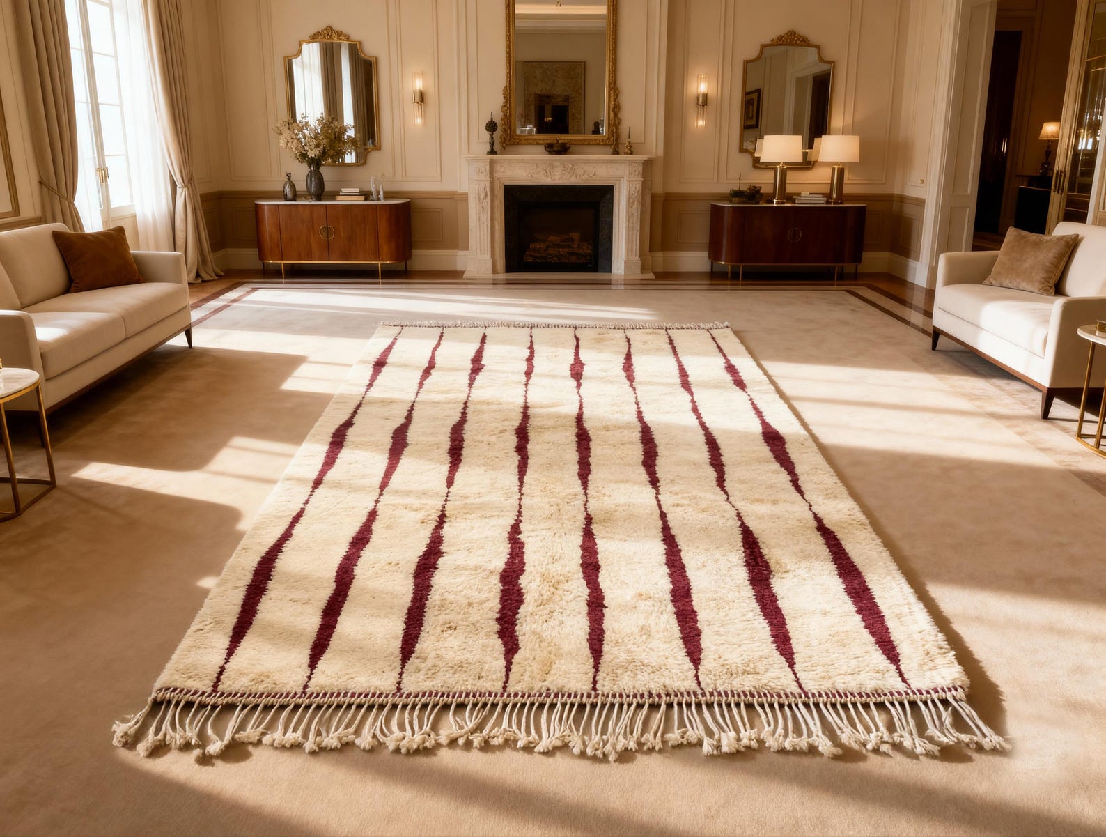 Handmade Moroccan Beni Rug, Burgundy Stripe, Custom Size wool carpet - 8x10ft | 240x300cm