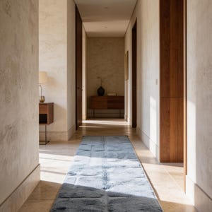 Puede incluir: Una alfombra larga y rectangular de color azul claro con una superficie texturizada y bordes con flecos. La alfombra está colocada en un pasillo con paredes claras y puertas de madera. El pasillo está iluminado por luz natural.