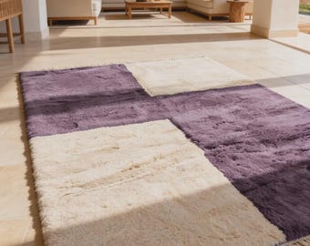 Purple and Cream Beni Ourain Rug, White Lavender shag Handmade Moroccan Wool Shag