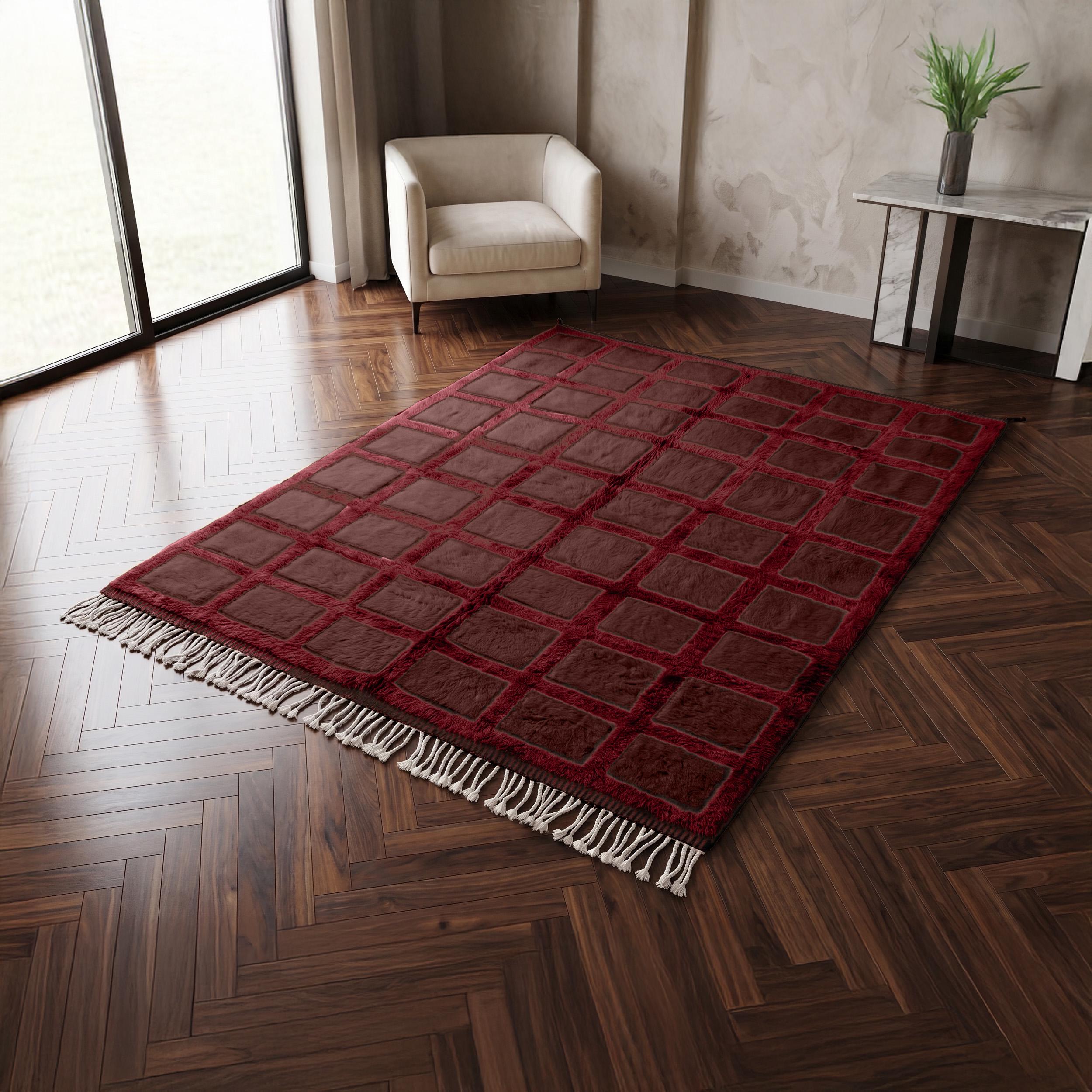 Burgundy & Chocolate Brown Checkered Rug, Custom Beni Ourain Rug ...