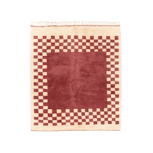 Custom Brick Red Beni Ourain Rug – Handmade Moroccan Wool Carpet with Cream Checker Frame, Fluffy Shaggy Rug Personalized designs colors
