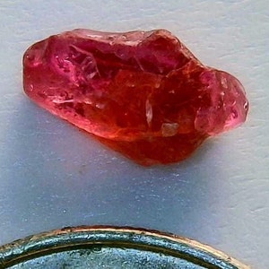 Peut inclure: Une pierre précieuse brute, de couleur rose-rouge, d'aspect translucide. La gemme est de forme irrégulière, semblant être une pierre naturelle non taillée. Une pièce de monnaie est présente pour l'échelle.