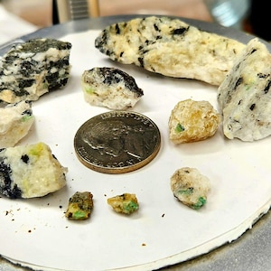 以下が含まれることがあります： 黒、白、緑色の様々な鉱物標本。サイズの比較のためにコインが含まれています。鉱物は白い表面に表示されています。測定値はセンチメートルです。