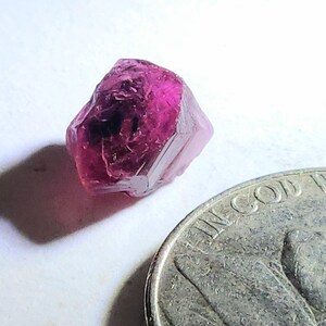 May include: A raw, deep magenta-colored gemstone with a faceted, irregular shape. The stone is positioned next to a United States quarter coin, which provides a sense of scale for the small, translucent mineral specimen with visible internal inclusions.