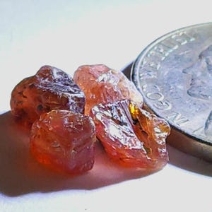 May include: Close-up of several rough, orange-brown gemstones. The gems have a translucent quality and irregular shapes. A silver coin is partially visible in the background, providing a size reference. The gemstones are likely for jewelry making or collecting.