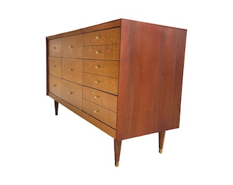 Restored Mid Century Modern Walnut Dresser, Nine Drawer Chest, Brass Detail