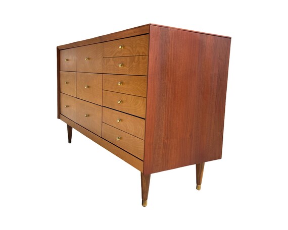 Restored Mid Century Modern Walnut Dresser, Nine Drawer Chest, Brass Detail