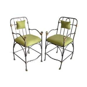 Mid Century Modern Pair Solid Bronze Lion Head Barstools Attributed Giacometti Stools gold metal