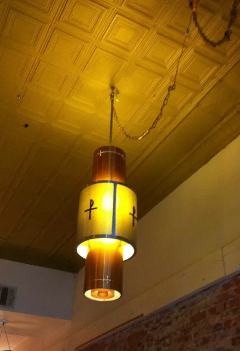 Mid century modern ceiling Hanging lamp Neutra Art Deco copper perforated steel image 5