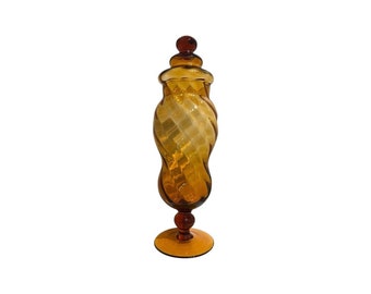 Vintage mid century modern Italian Empoli blown glass apothecary jar amber Italy.